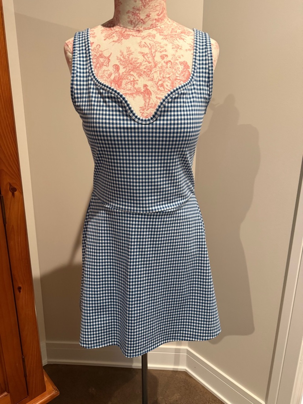 Blue and White Gingham Sweetheart Neck Athletic dress with shorts